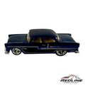 Redline Speed Diecast 1955 Chevrolet Bel Air model car in metallic blue with chrome trim and detailed interior