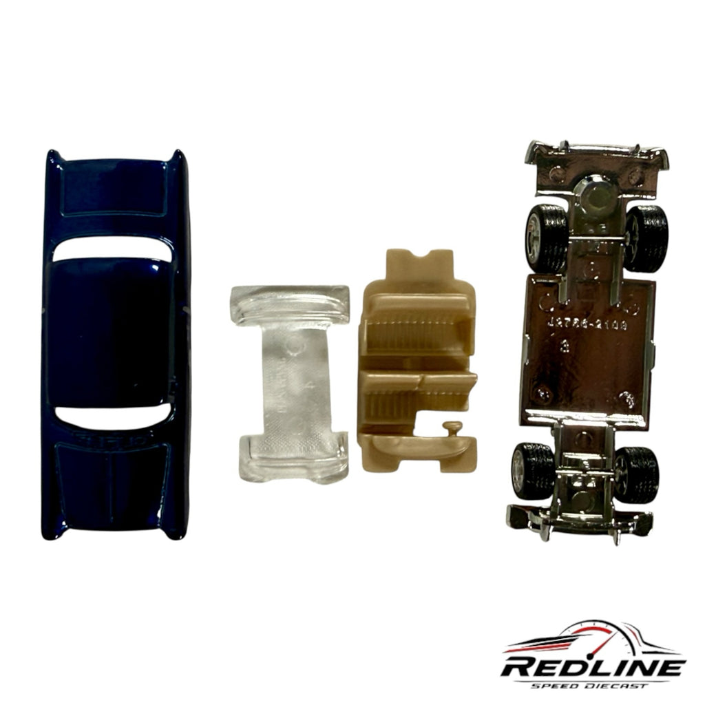 Redline Speed Diecast 1955 Chevrolet Bel Air model car parts including blue body, clear windows, and chrome chassis