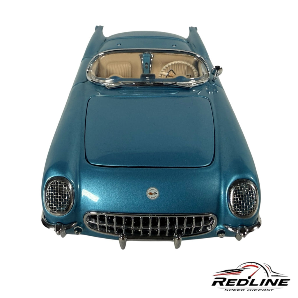 Redline Speed Diecast 1955 Chevrolet Corvette model in metallic blue with chrome grille and detailed interior