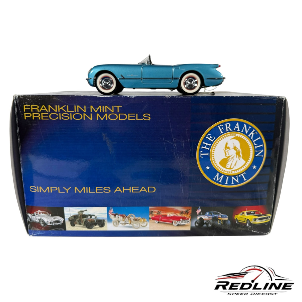 Redline Speed Diecast Franklin Mint 1955 Chevrolet Corvette model in metallic blue displayed on its original box