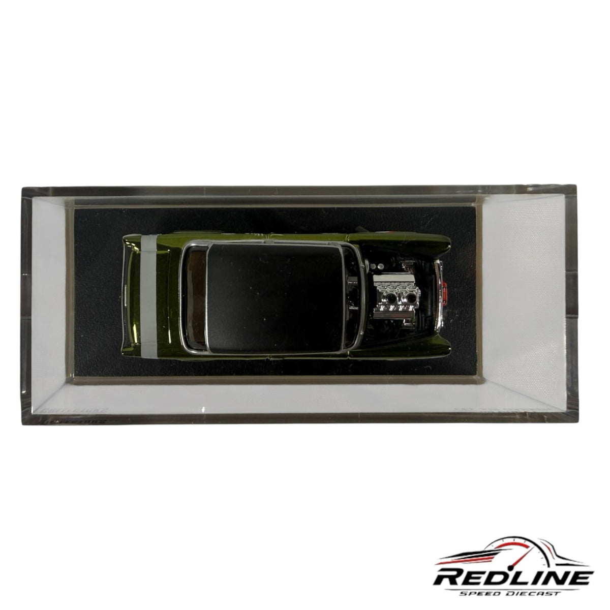 Redline Speed Diecast 1955 Chevy Bel Air Gasser in olive green with exposed engine, viewed from above in display case.