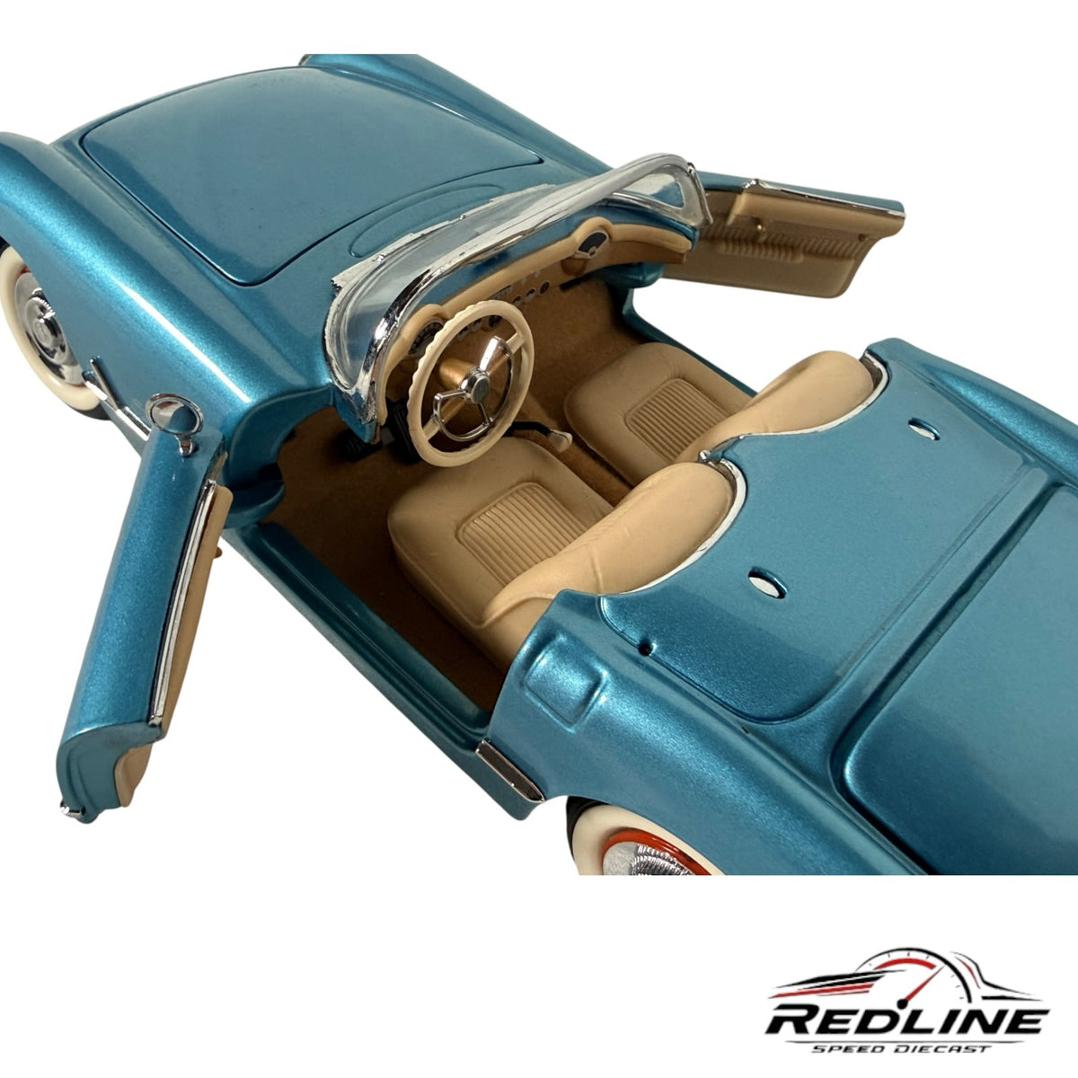 Redline Speed Diecast 1955 Chevrolet Corvette model in metallic blue with open doors and tan interior