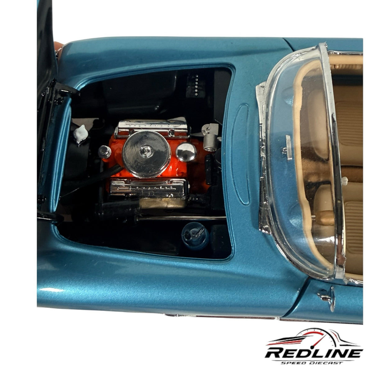 Redline Speed Diecast 1955 Chevrolet Corvette model showing the detailed engine bay and metallic blue exterior