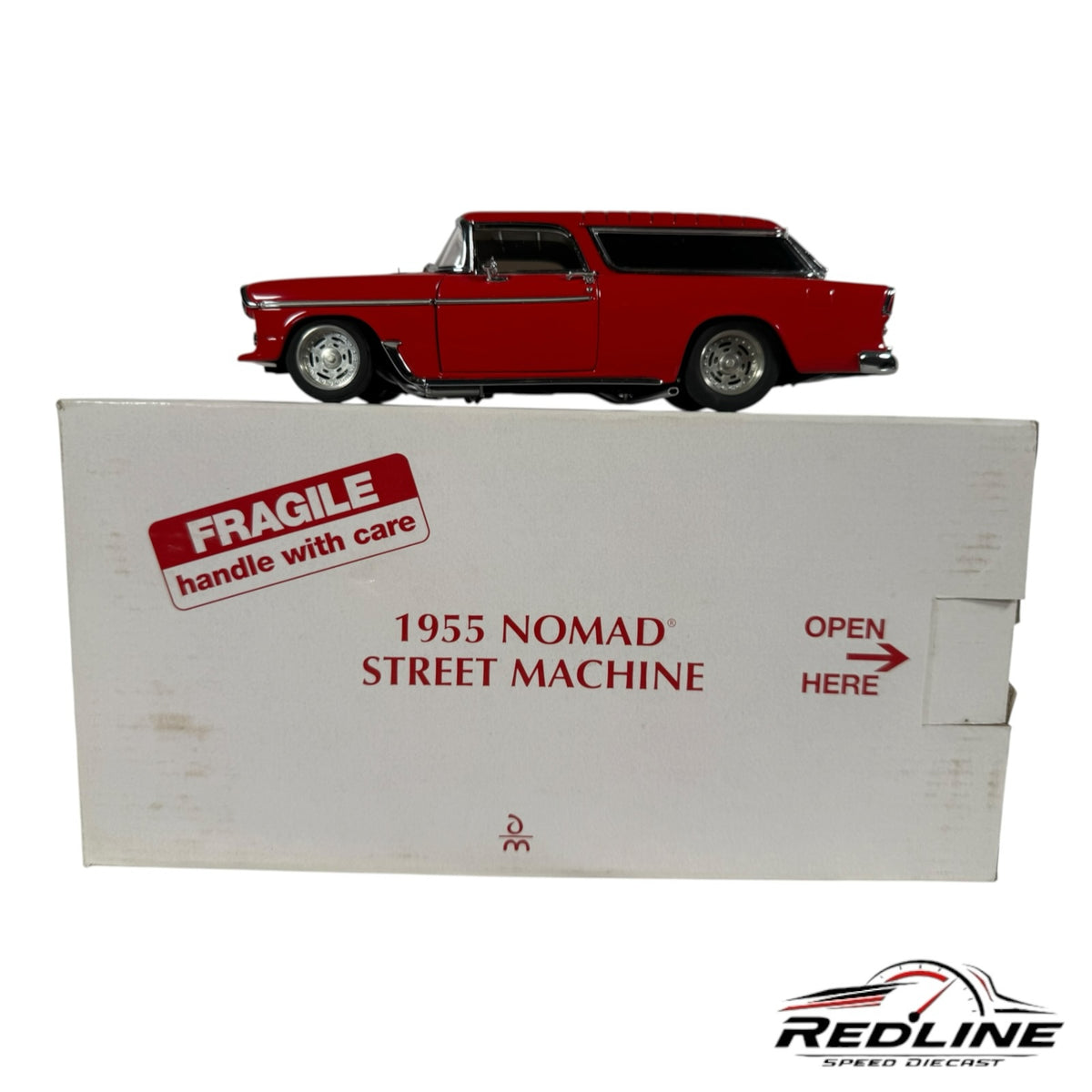 Redline Speed Diecast 1955 Nomad Street Machine model car in glossy red with chrome details on its original box