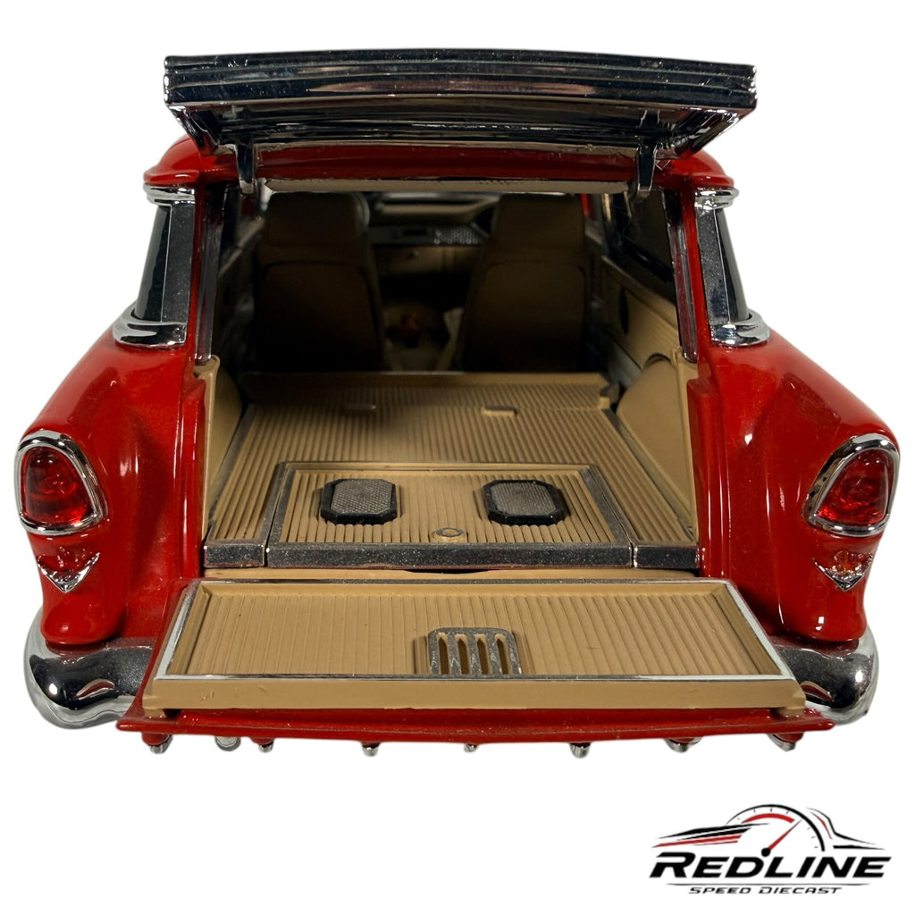 Redline Speed Diecast 1955 Nomad model car in glossy red with open tailgate revealing detailed tan cargo interior.
