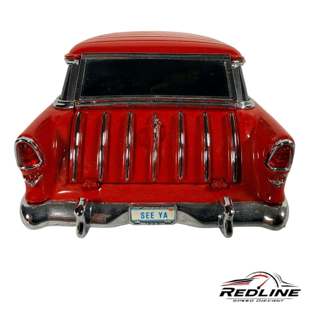 Redline Speed Diecast 1955 Nomad street machine model in glossy red with chrome trim and functional rear tailgate