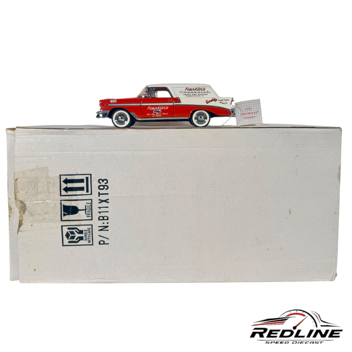 Redline Speed Diecast 1956 Chevrolet Nomad model in red and white with Franklin's Parts and Service branding.