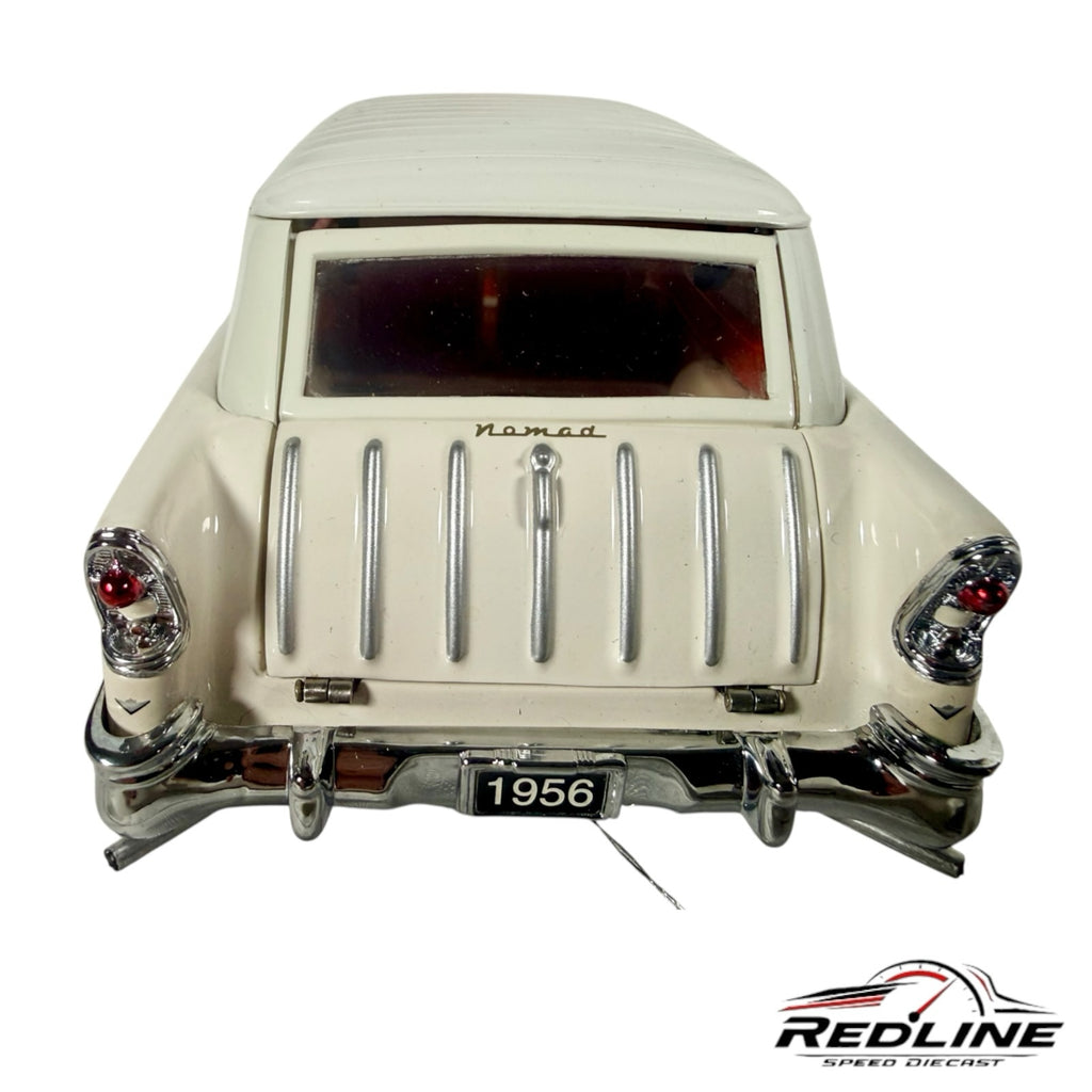 Redline Speed Diecast 1956 Chevrolet Nomad model car, rear view showing white ribbed tailgate and chrome bumper.