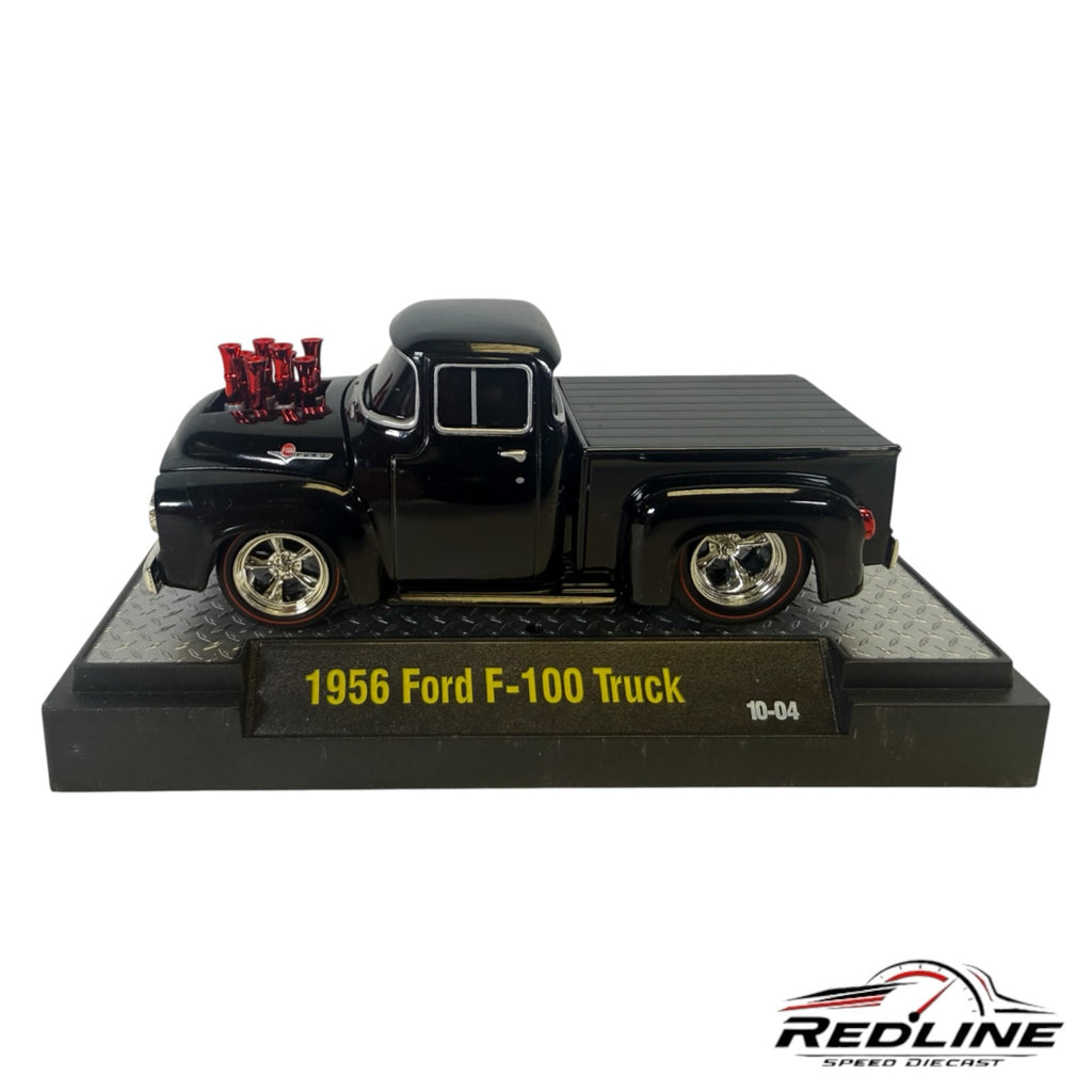 Redline Speed Diecast 1956 Ford F-100 black street rod pickup truck model with red engine stacks on display base
