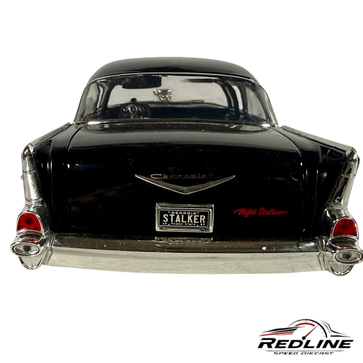 Rear view of Redline Speed Diecast 1957 Chevrolet Bel Air Gasser Night Stalker model with chrome bumper and badging