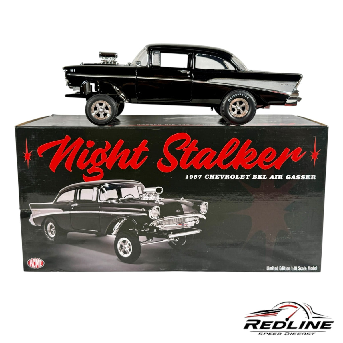 Redline Speed Diecast 1:18 scale Night Stalker 1957 Chevrolet Bel Air Gasser model car in glossy black with chrome.