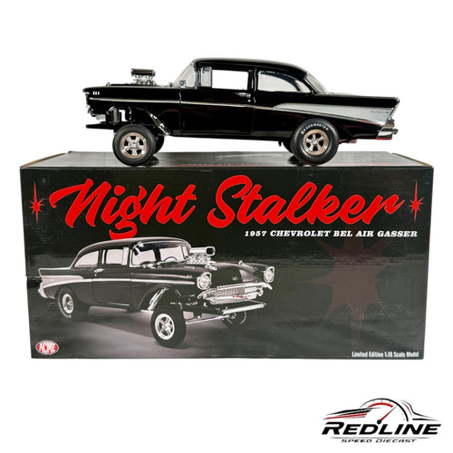 Redline Speed Diecast 1:18 scale Night Stalker 1957 Chevrolet Bel Air Gasser model car in glossy black with chrome.