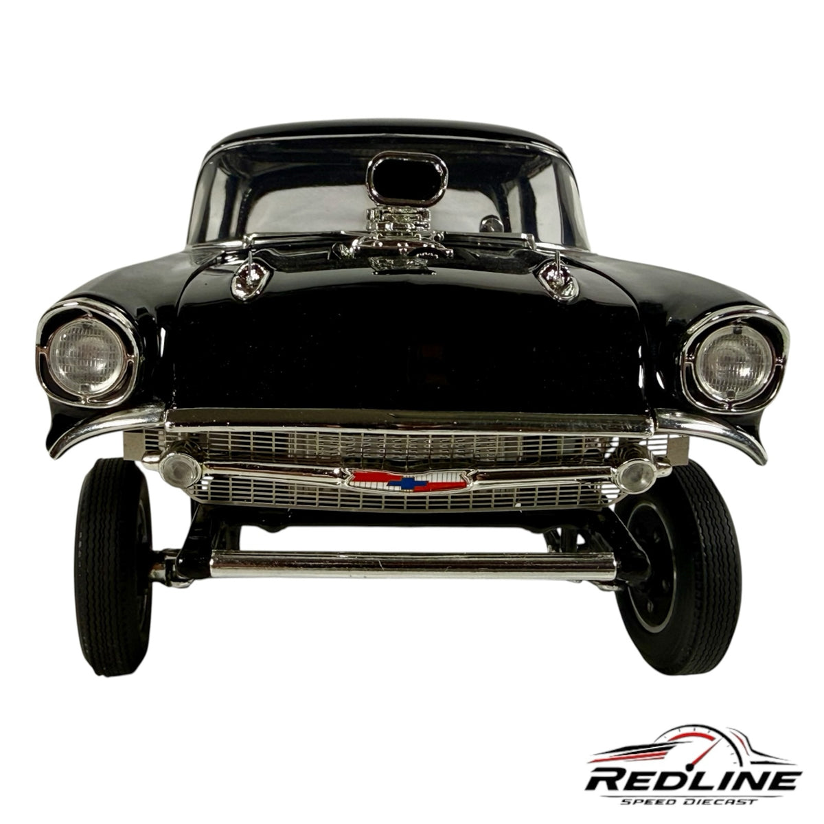 Redline Speed Diecast 1:18 scale black 1957 Chevrolet Bel Air Gasser model with chrome blower and drag racing stance