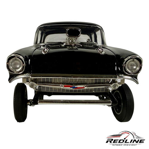 Redline Speed Diecast 1:18 scale black 1957 Chevrolet Bel Air Gasser model with chrome blower and drag racing stance