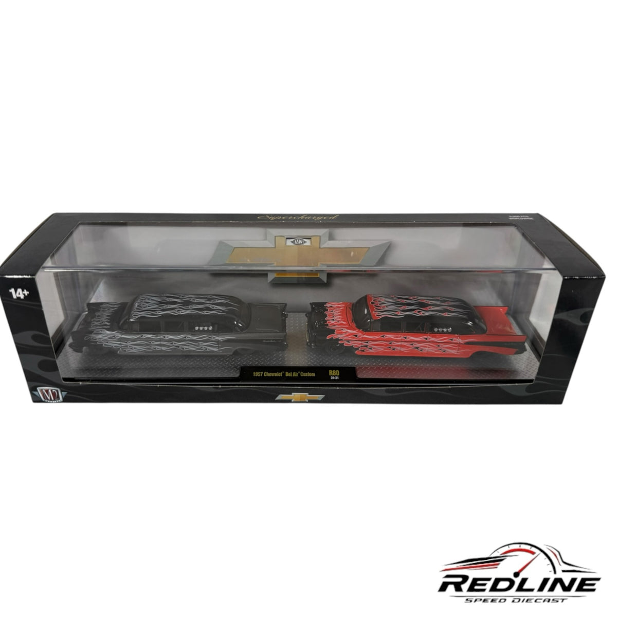 Redline Speed Diecast 1957 Chevrolet Bel Air two-piece set in black and red with custom flame graphics in display box
