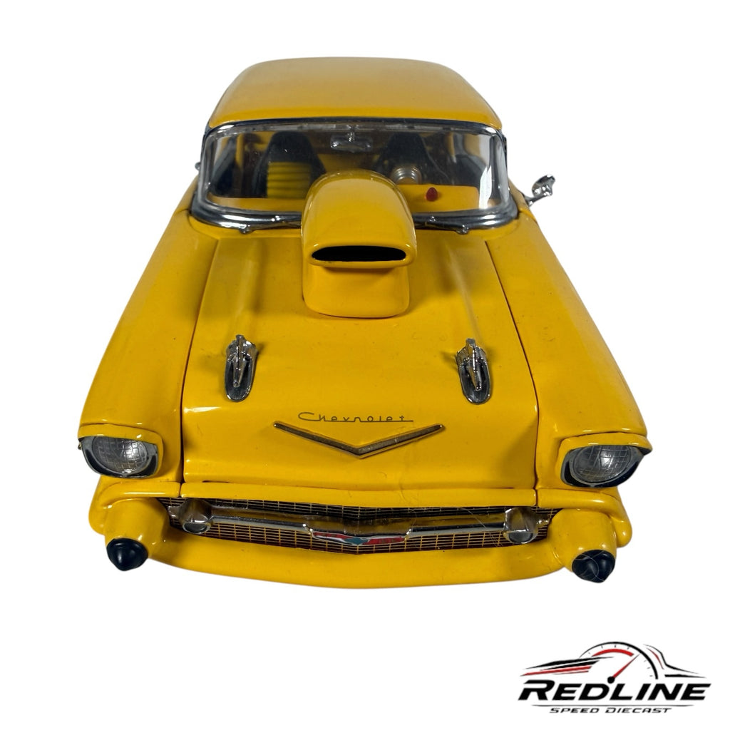 Redline Speed Diecast 1957 Chevrolet Pro Street hardtop model in vibrant yellow with a prominent hood scoop