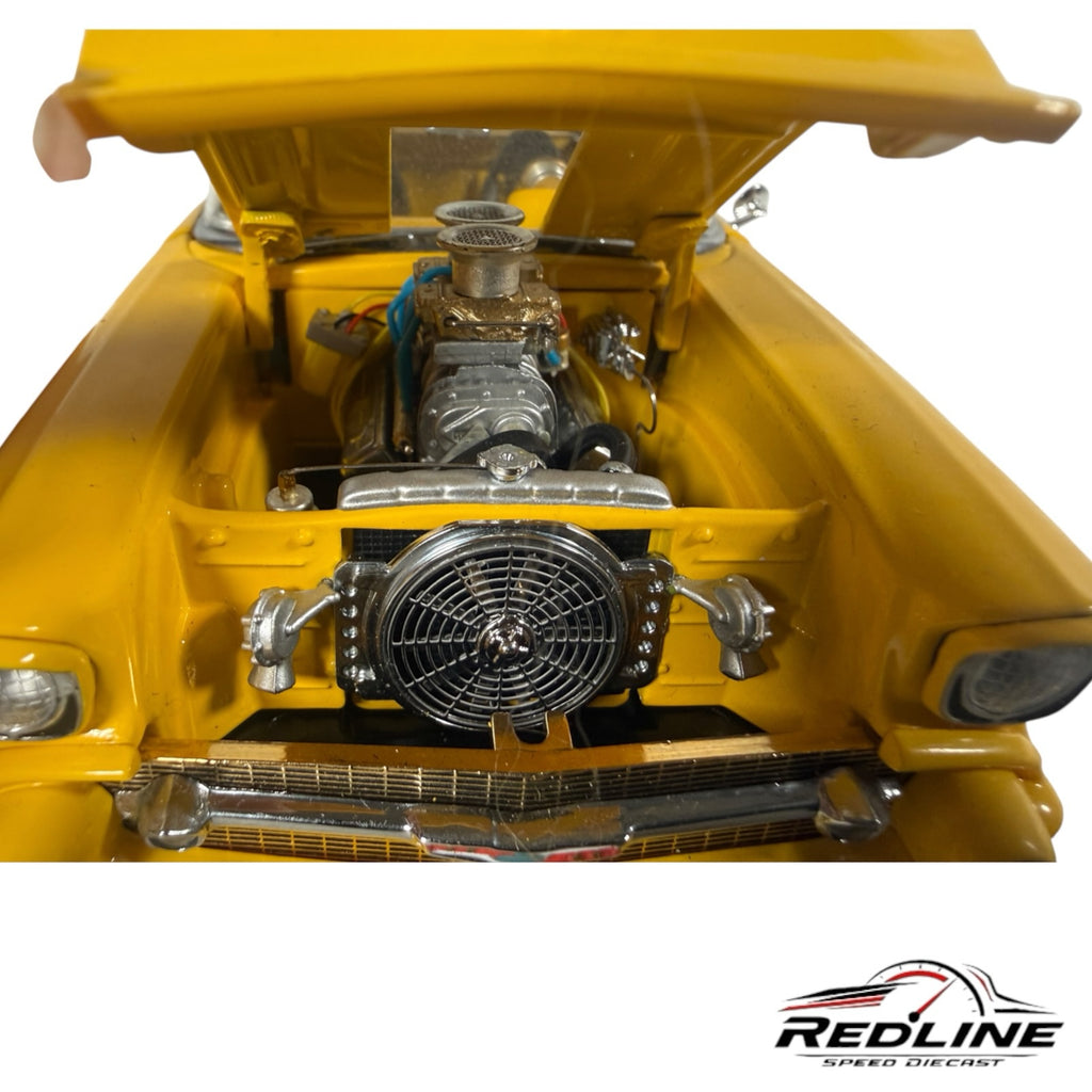 Redline Speed Diecast 1957 Chevrolet Pro Street model with yellow hood open revealing a detailed engine bay