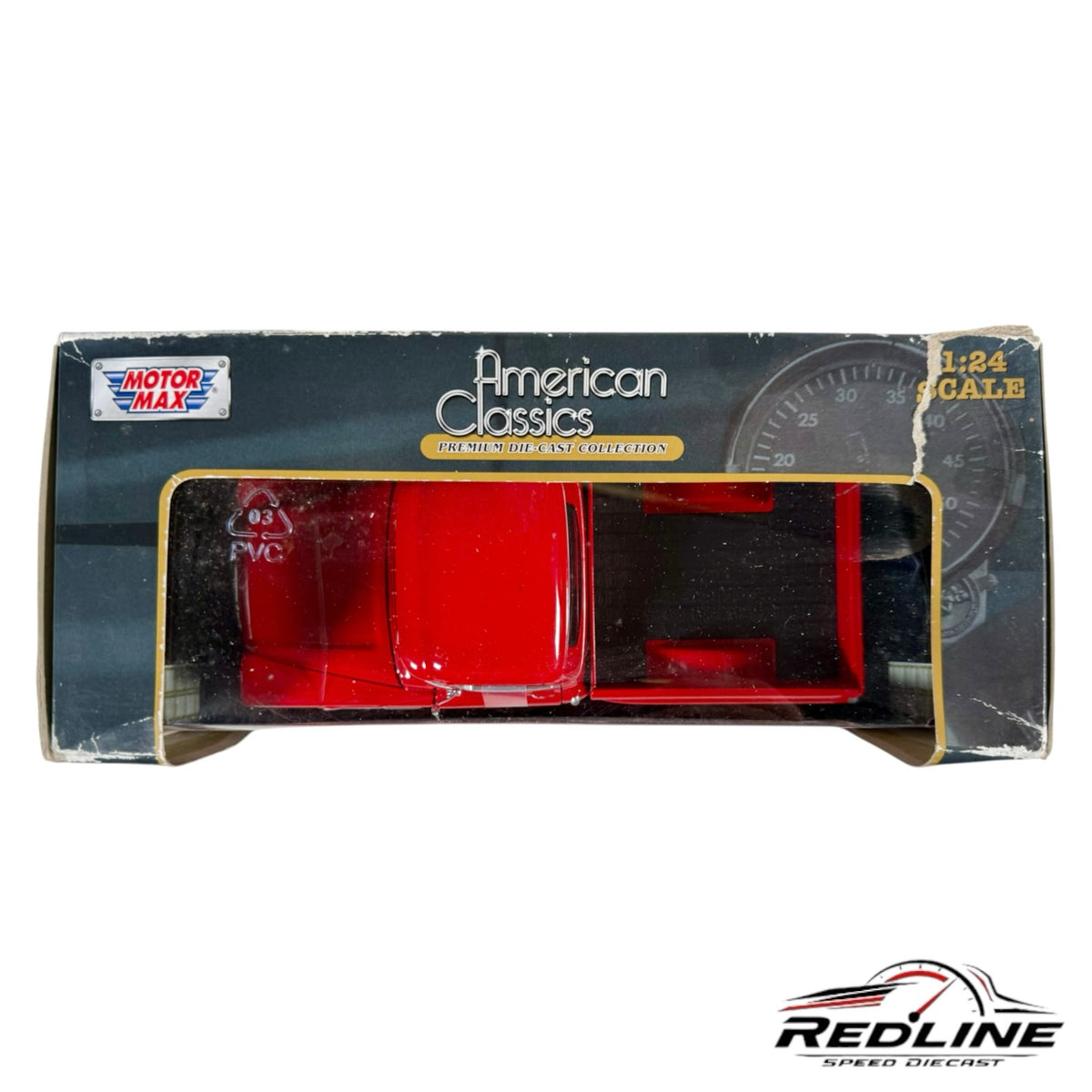 Redline Speed Diecast 1:24 scale 1958 Chevy Apache Fleetside pickup truck model in red inside its original box