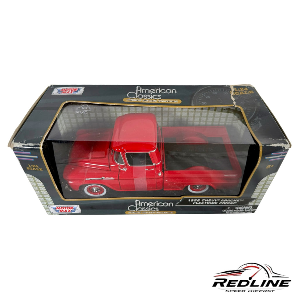 Redline Speed Diecast 1:24 scale 1958 Chevy Apache Fleetside pickup truck model in red inside its display box.