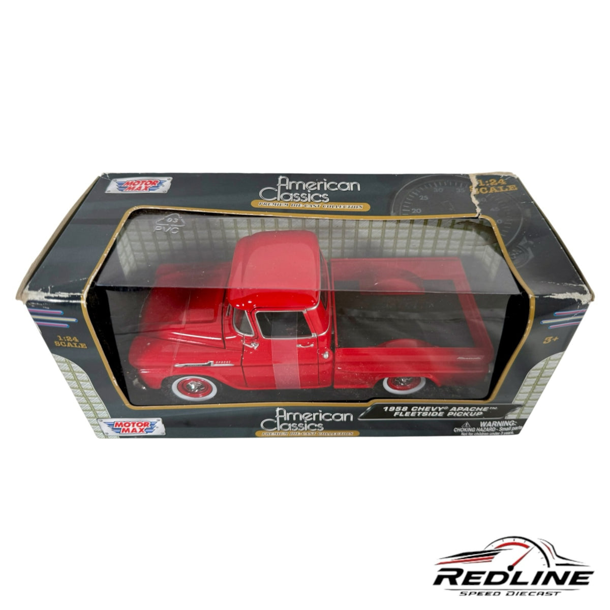 Redline Speed Diecast 1:24 scale 1958 Chevy Apache Fleetside pickup truck model in red inside its display box.
