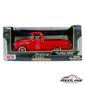Redline Speed Diecast 1:24 scale 1958 Chevy Apache Fleetside pickup truck model in vibrant red with whitewall tires
