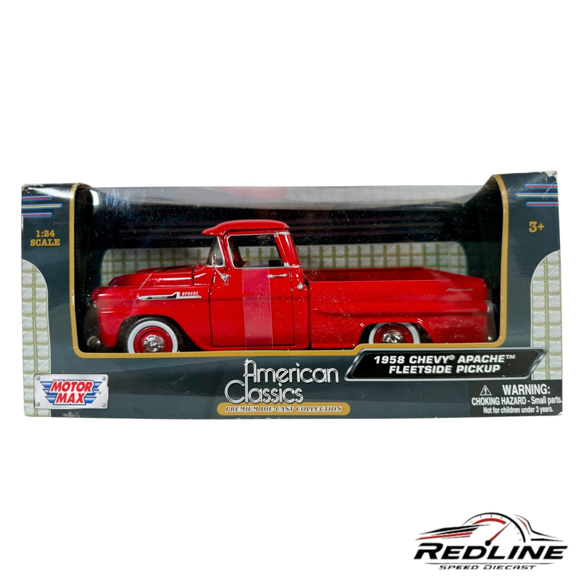 Redline Speed Diecast 1:24 scale 1958 Chevy Apache Fleetside pickup truck model in vibrant red with whitewall tires
