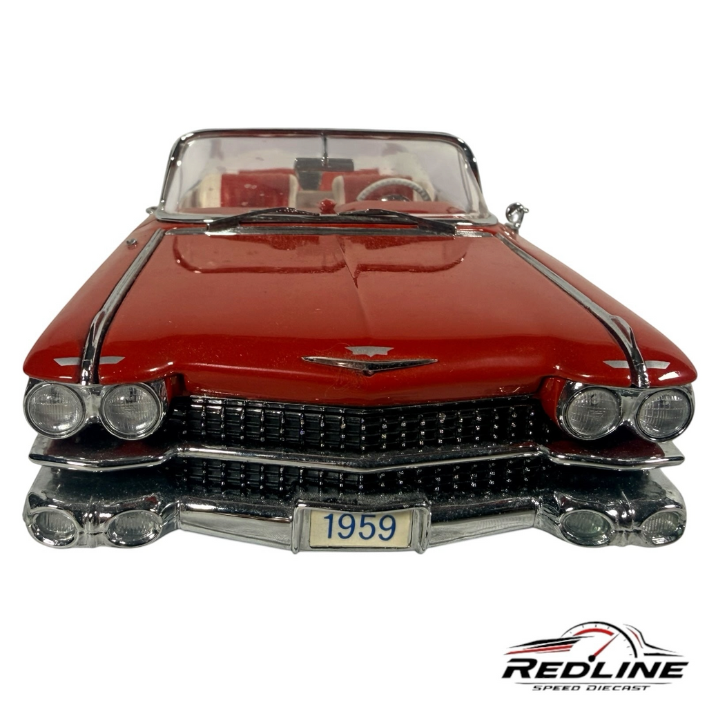 Redline Speed Diecast 1959 Cadillac Series 62 convertible model in vibrant red with chrome grille and front view