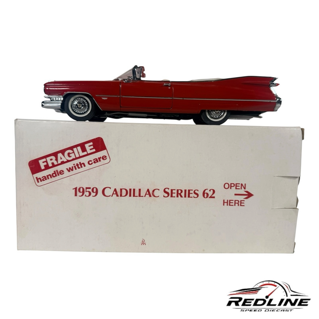 Redline Speed Diecast 1959 Cadillac Series 62 red convertible model car with chrome details on its original box
