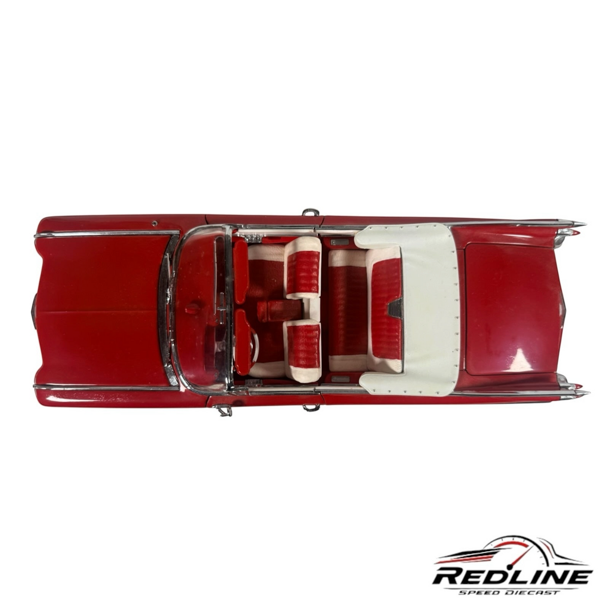 Redline Speed Diecast 1959 Cadillac Series 62 convertible model in red with a two-tone interior, top-down view.