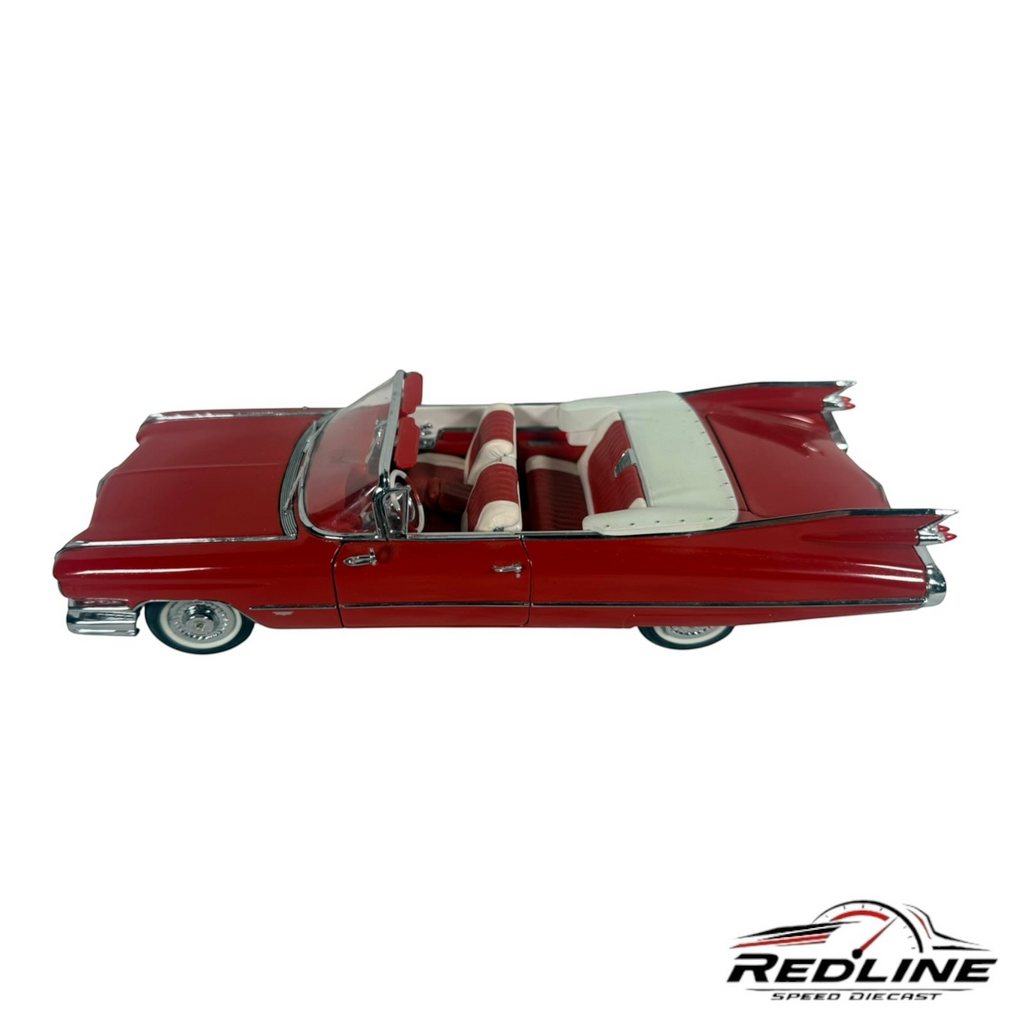 Redline Speed Diecast 1959 Cadillac Series 62 convertible model in red with white interior and iconic tail fins
