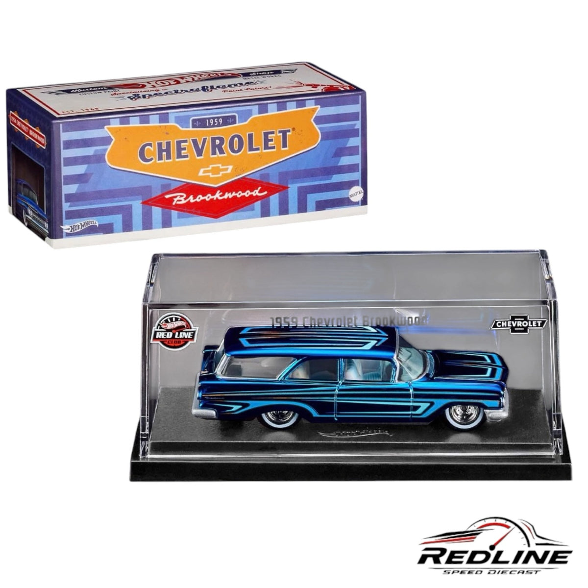 Redline Speed Diecast 1959 Chevrolet Brookwood model car in Spectraflame blue with pinstriping in a display case.