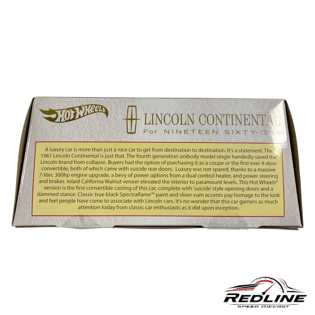 Redline Speed Diecast Hot Wheels 1961 Lincoln Continental collectible display box with historical product details