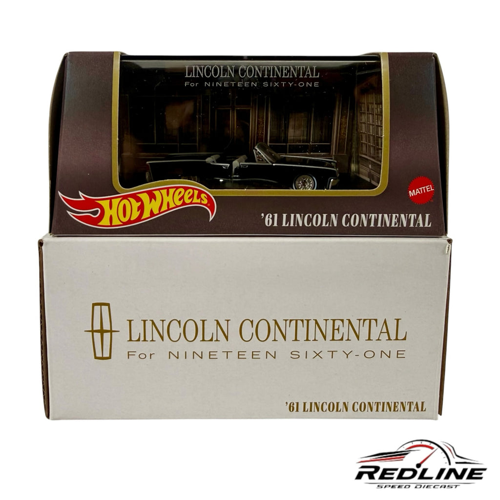 Redline Speed Diecast Hot Wheels 1961 Lincoln Continental convertible model in black inside its display box