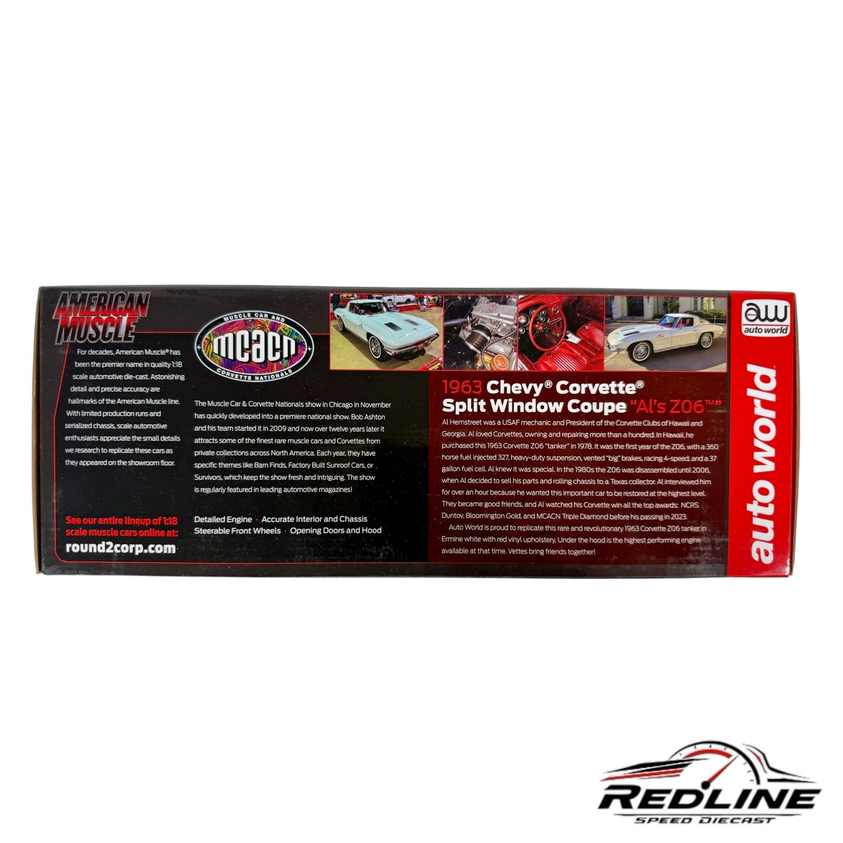 Redline Speed Diecast packaging for the 1963 Chevrolet Corvette Split Window Coupe 1:18 scale model box