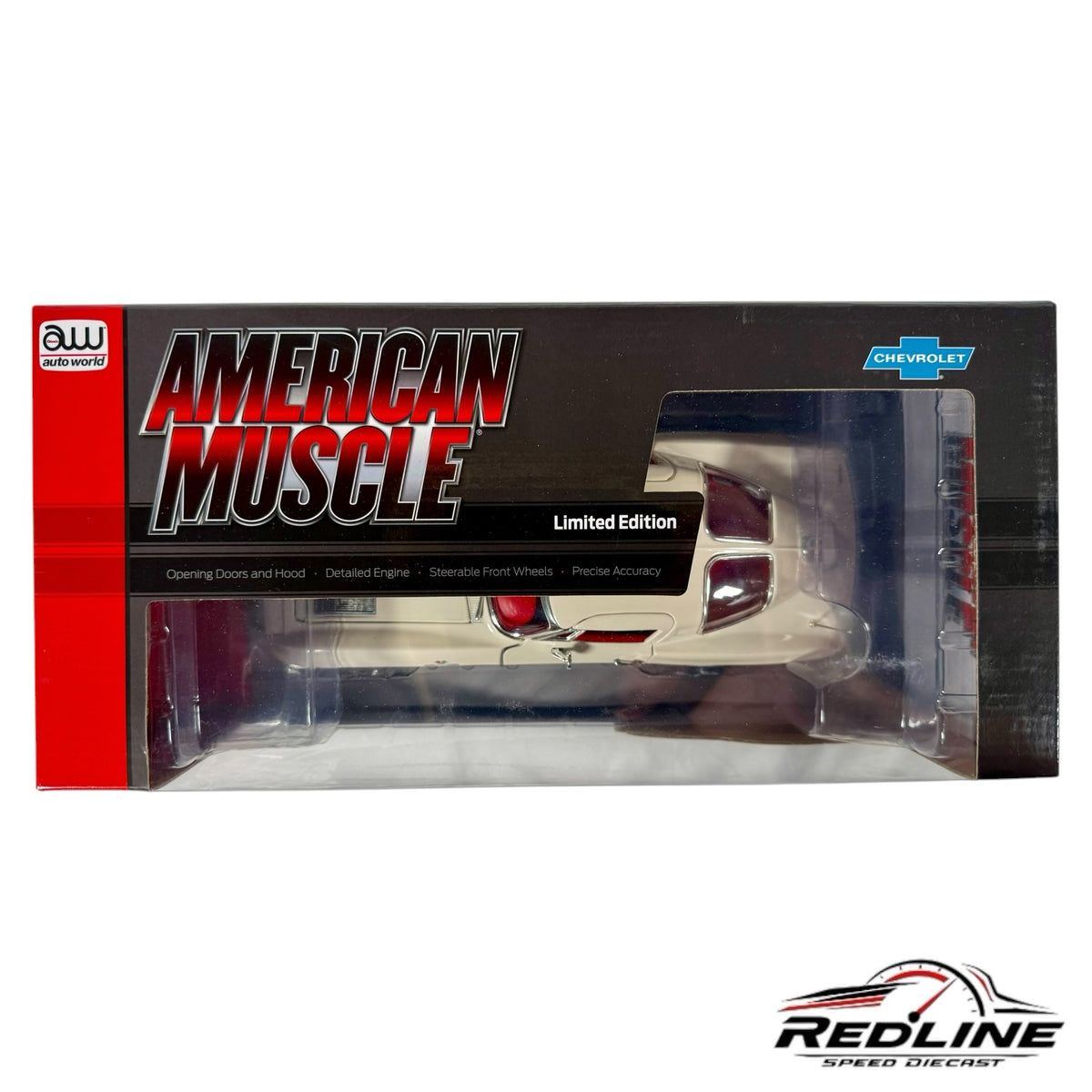 Redline Speed Diecast 1:18 scale 1963 Chevrolet Corvette Split Window Coupe model in white inside its display box