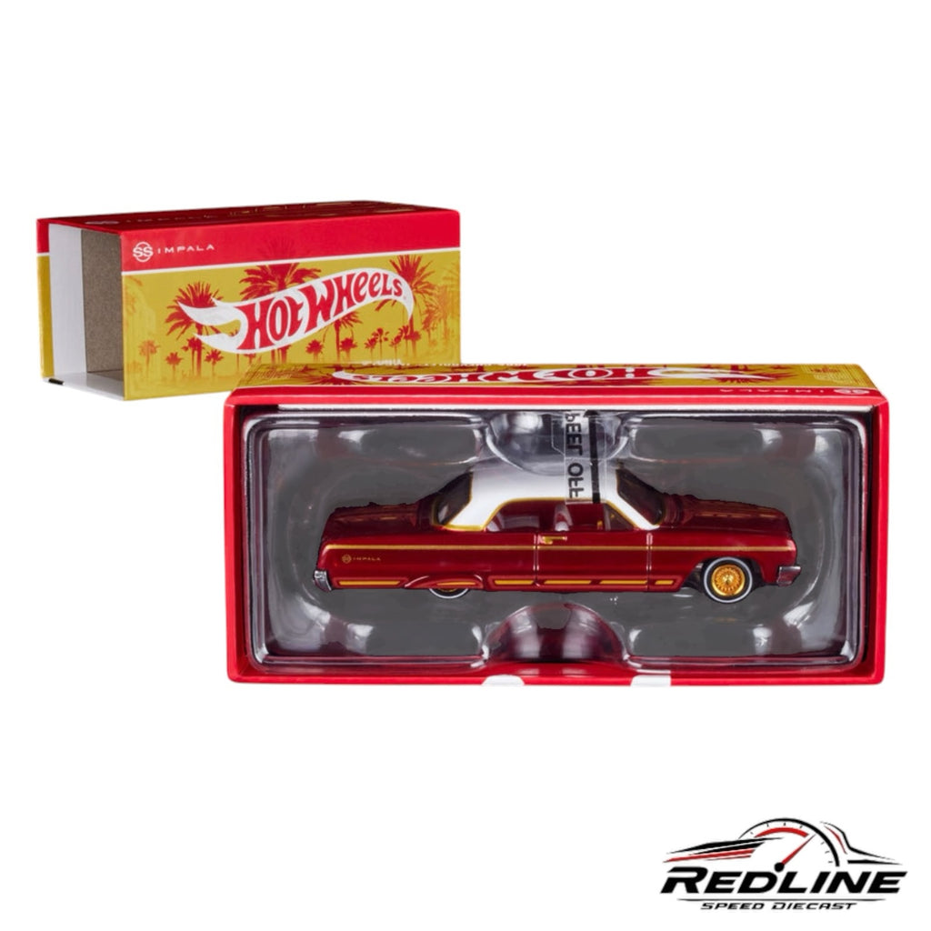 Redline Speed Diecast 1964 Chevrolet Impala in deep red and white with gold wheels in collector display packaging