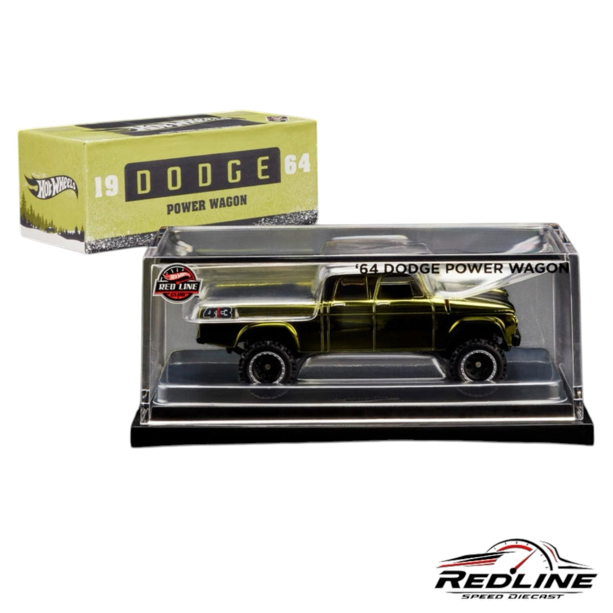 Redline Speed Diecast 1964 Dodge Power Wagon in olive green, displayed in a protective acrylic case with original box.