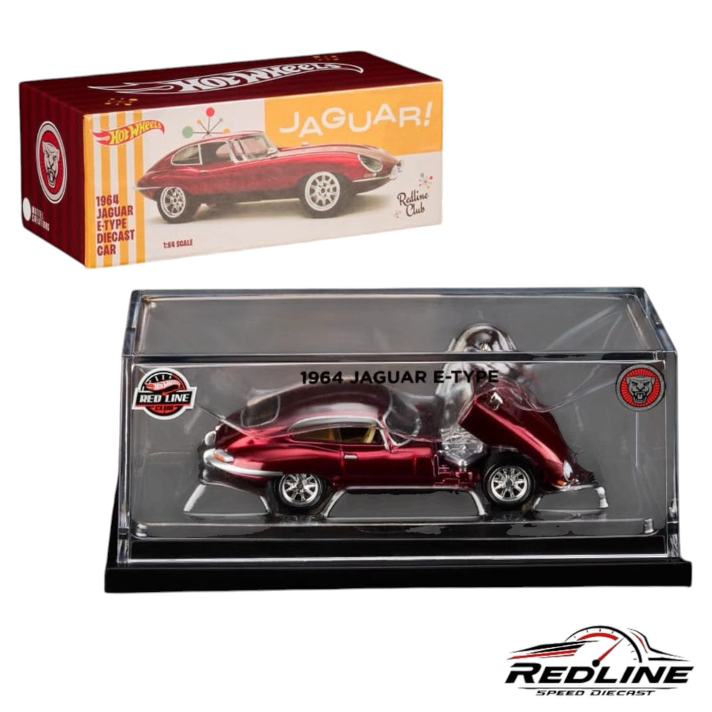 Redline Speed Diecast 1964 Jaguar E-Type in metallic red with opening hood, displayed in a clear collector case.