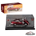 Redline Speed Diecast 1964 Jaguar E-Type in metallic red with opening hood, displayed in a clear collector case.