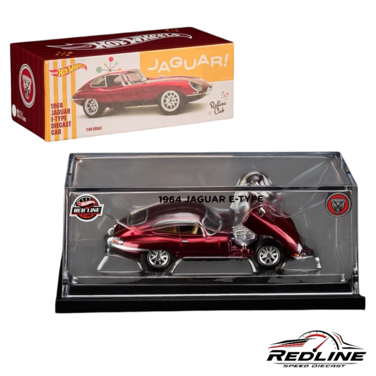 Redline Speed Diecast 1964 Jaguar E-Type in metallic red with opening hood, displayed in a clear collector case.