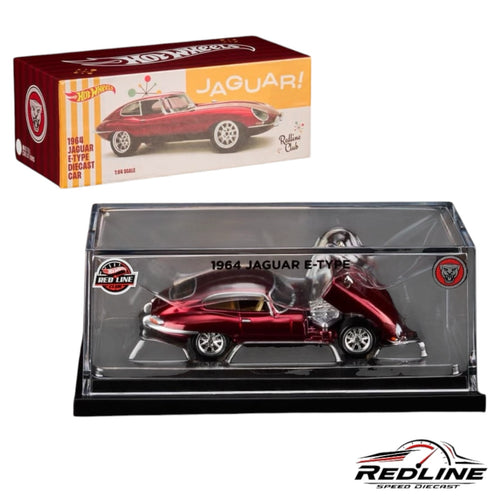 Redline Speed Diecast 1964 Jaguar E-Type in metallic red with opening hood, displayed in a clear collector case.