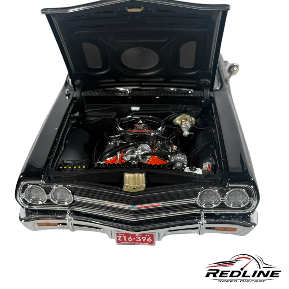 Redline Speed Diecast 1965 Chevrolet Chevelle Z16 model car in black with open hood showing detailed engine bay