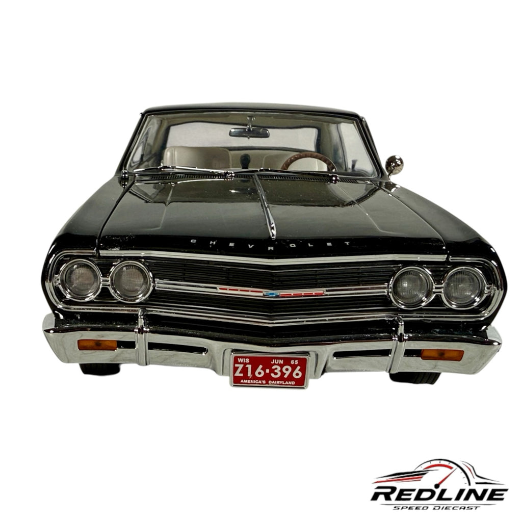 Redline Speed Diecast 1965 Chevrolet Chevelle Z16 black muscle car model with chrome grille and front license plate