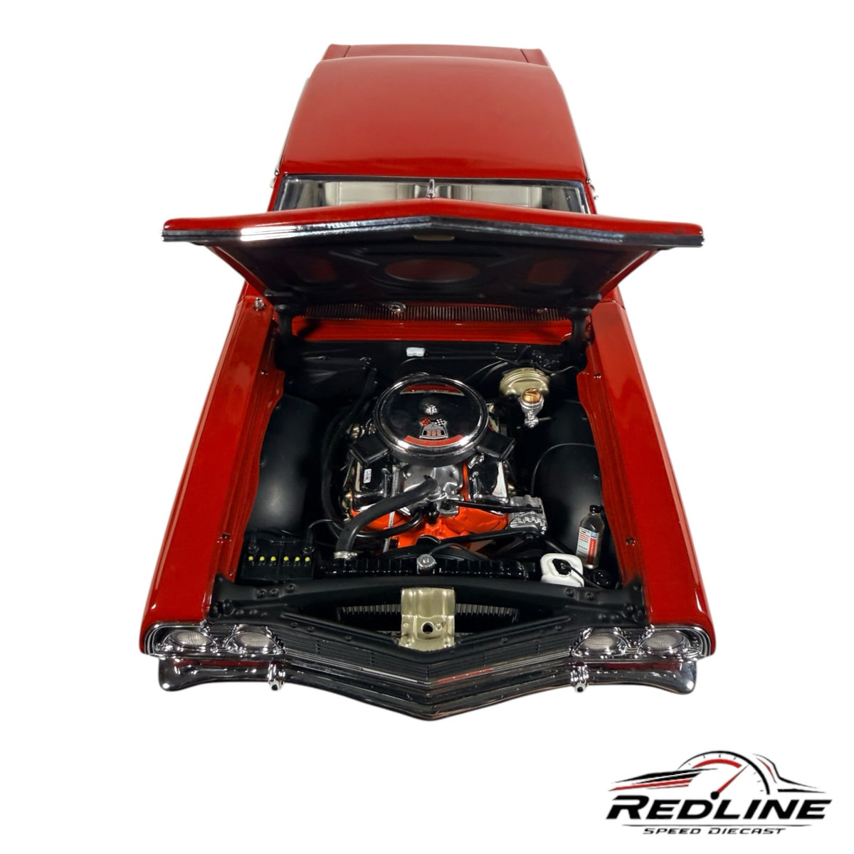 Redline Speed Diecast 1:18 scale 1965 Chevrolet Chevelle Malibu SS model in red with open hood and detailed engine bay.