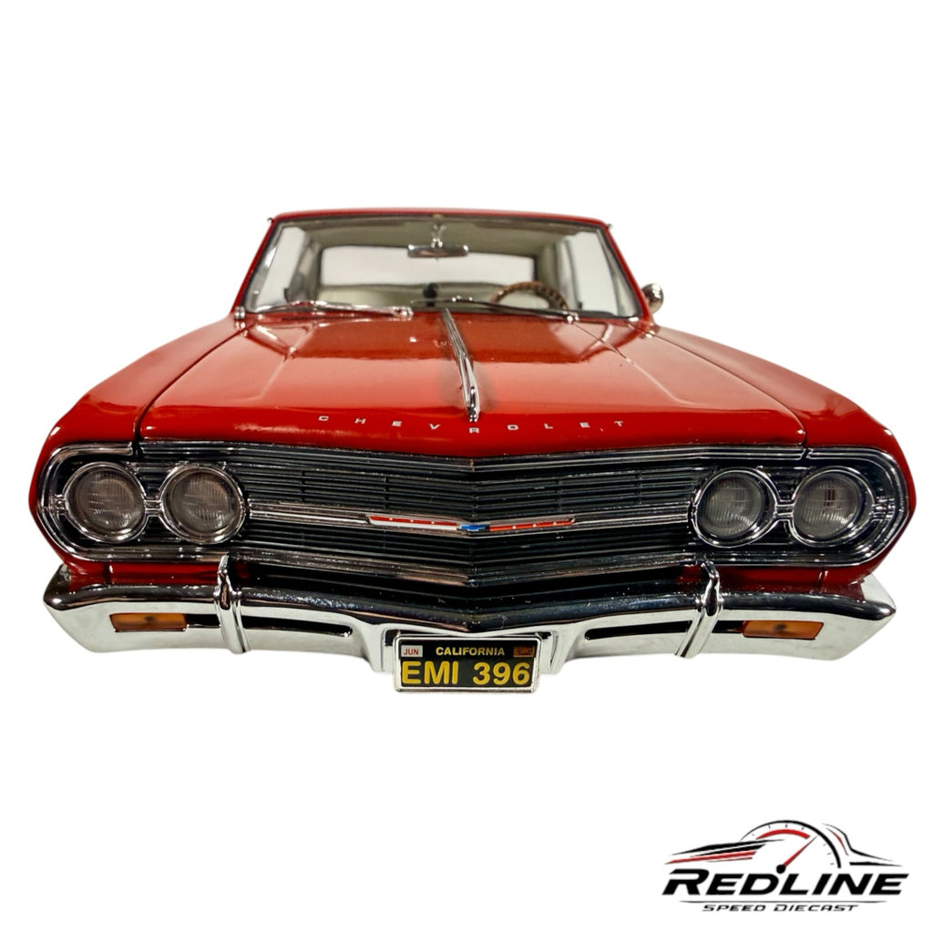 Redline Speed Diecast 1:18 scale 1965 Chevrolet Chevelle Malibu SS model car in glossy red with chrome front grille