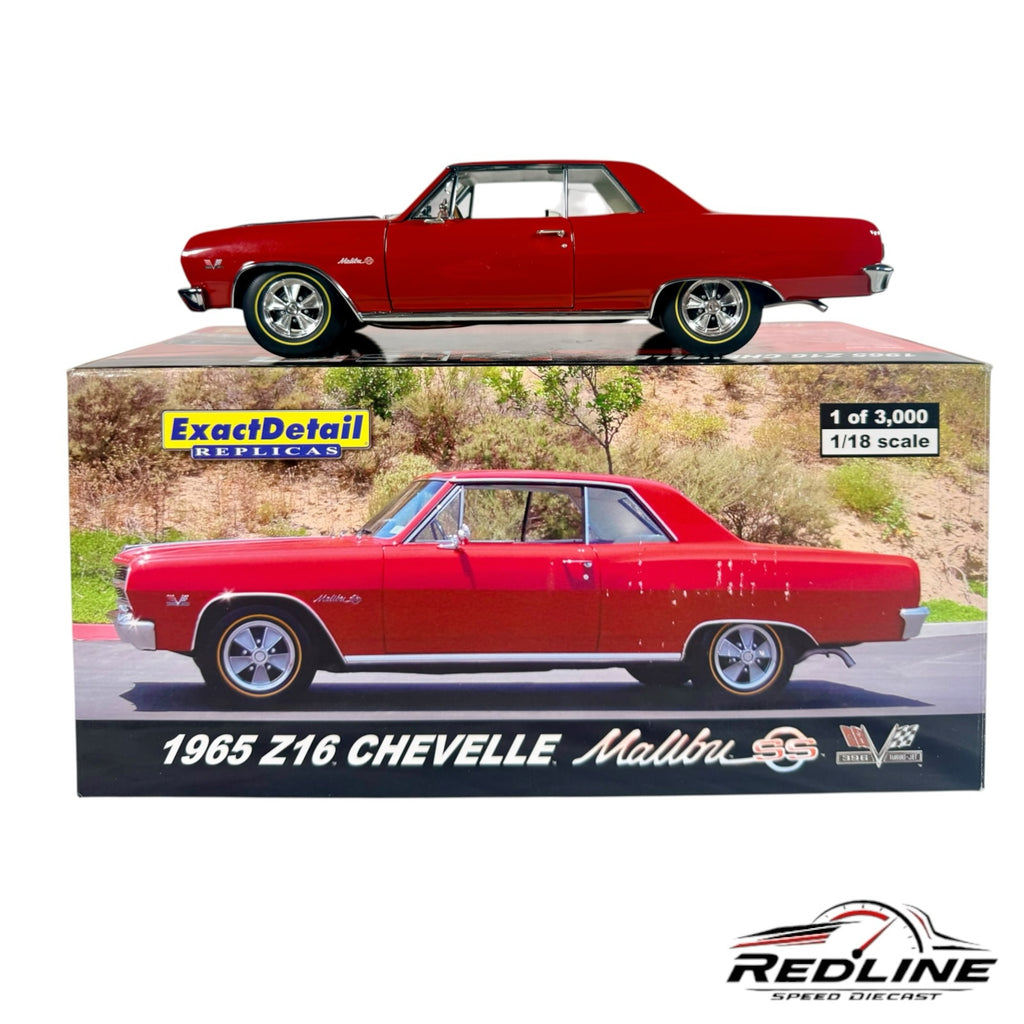 Redline Speed Diecast 1:18 scale 1965 Chevrolet Chevelle Malibu SS model car in red with chrome details on display box