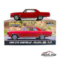 Redline Speed Diecast 1:18 scale 1965 Chevrolet Chevelle Malibu SS model car in red with chrome details on display box