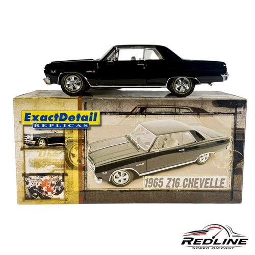 Redline Speed Diecast 1:18 scale 1965 Chevrolet Chevelle Z16 model car in black with chrome details on display box
