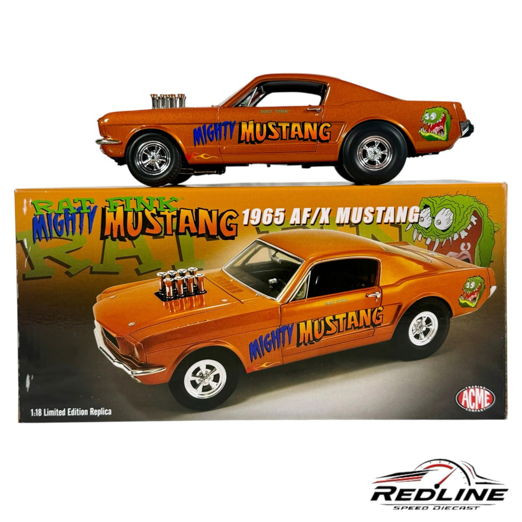 Redline Speed Diecast 1:18 scale metallic orange 1965 Ford Mustang AF/X replica with Rat Fink graphics and box