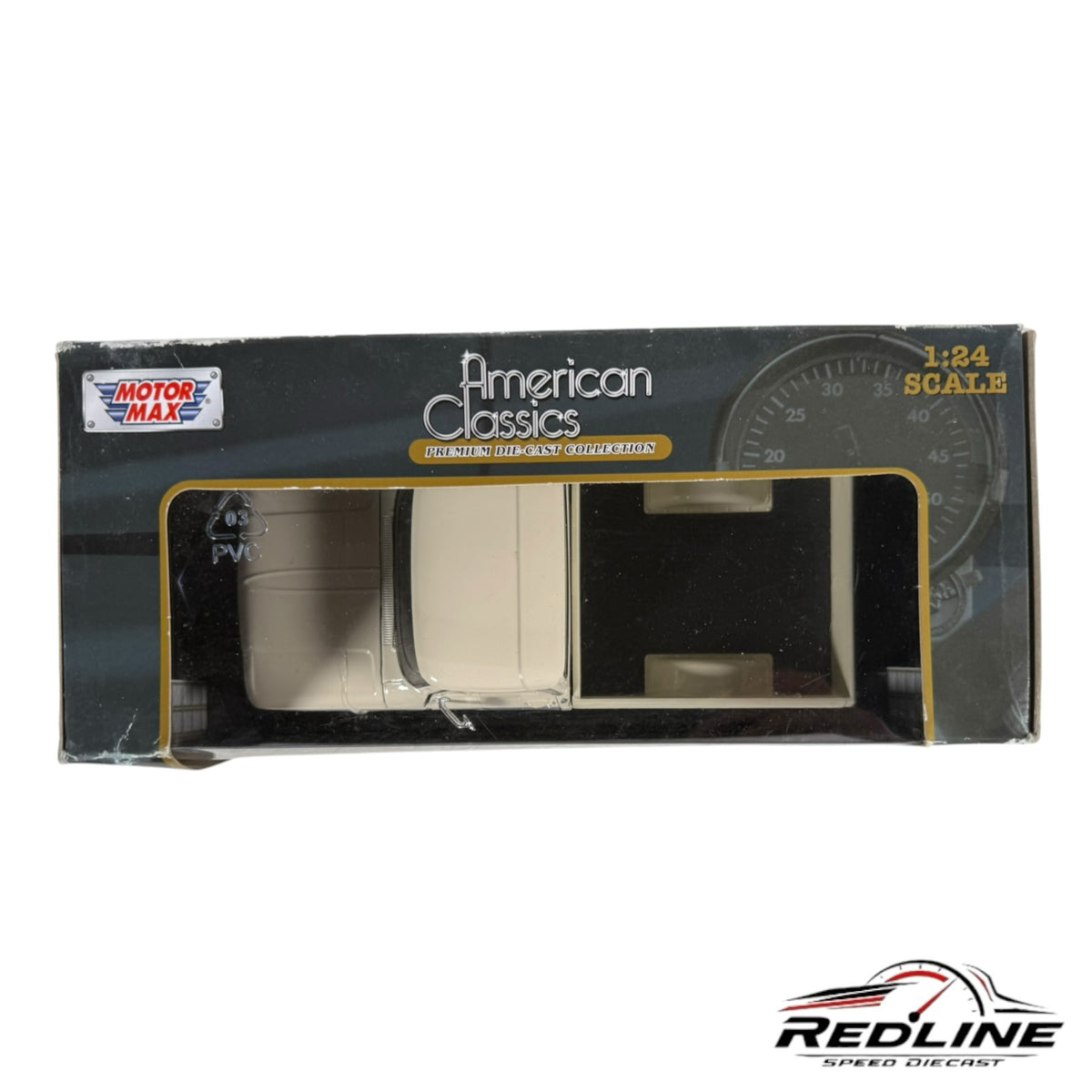 Redline Speed Diecast 1:24 scale 1966 Chevy C10 Fleetside pickup model in cream, inside original display packaging.